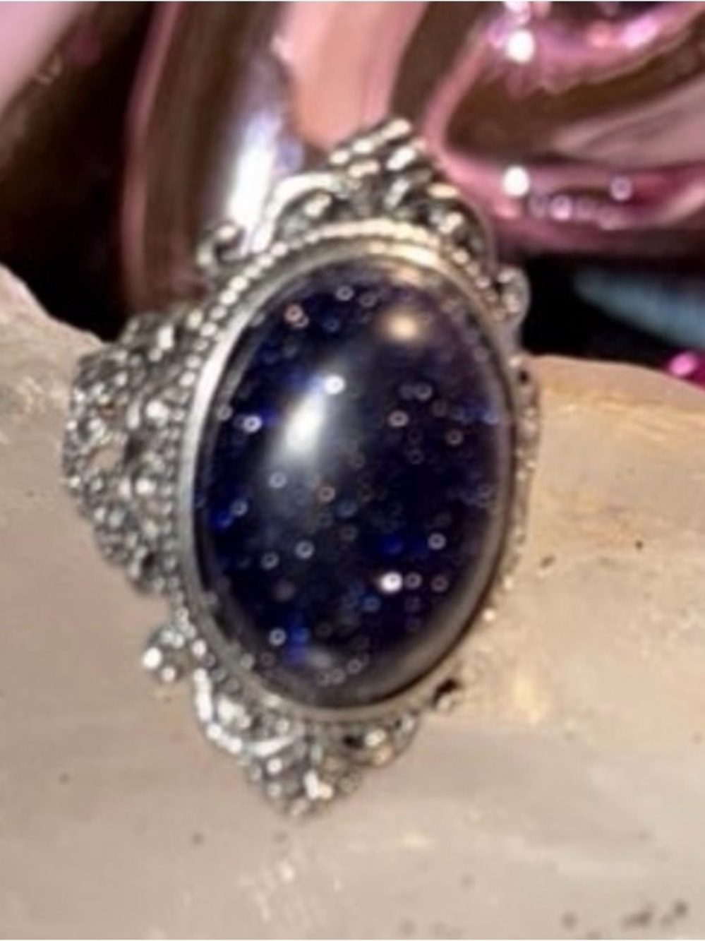 Sparkling Silver and Blue Glitter Ring adjustable size 6-8